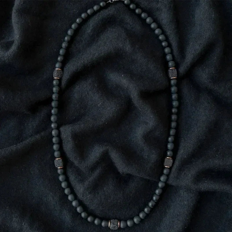 ✨ Men’s Gemstone Necklace – Black Agate & Hematite Cube Beads – Bold Style and Spiritual Protection
