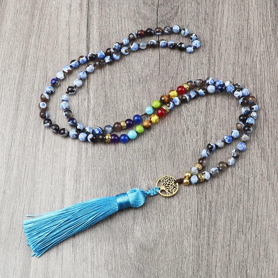 🐯 Tiger Eye & Black Onyx 108 Mala Necklace with Tree of Life Pendant – 7 Chakra Healing Crystal Beads & Protection Rosary Jewelry for Men & Women
