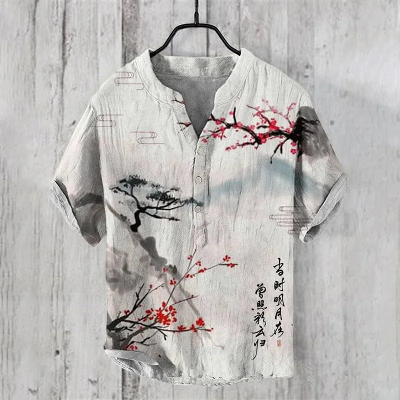 🌊 The Euro-Wave Heritage: Premium Men’s Summer Shirt – High-Definition Euro-American Wave Graphic Print, Modern Mandarin Standing Collar, and Sophisticated Urban-Resort Short-Sleeve Button-Down