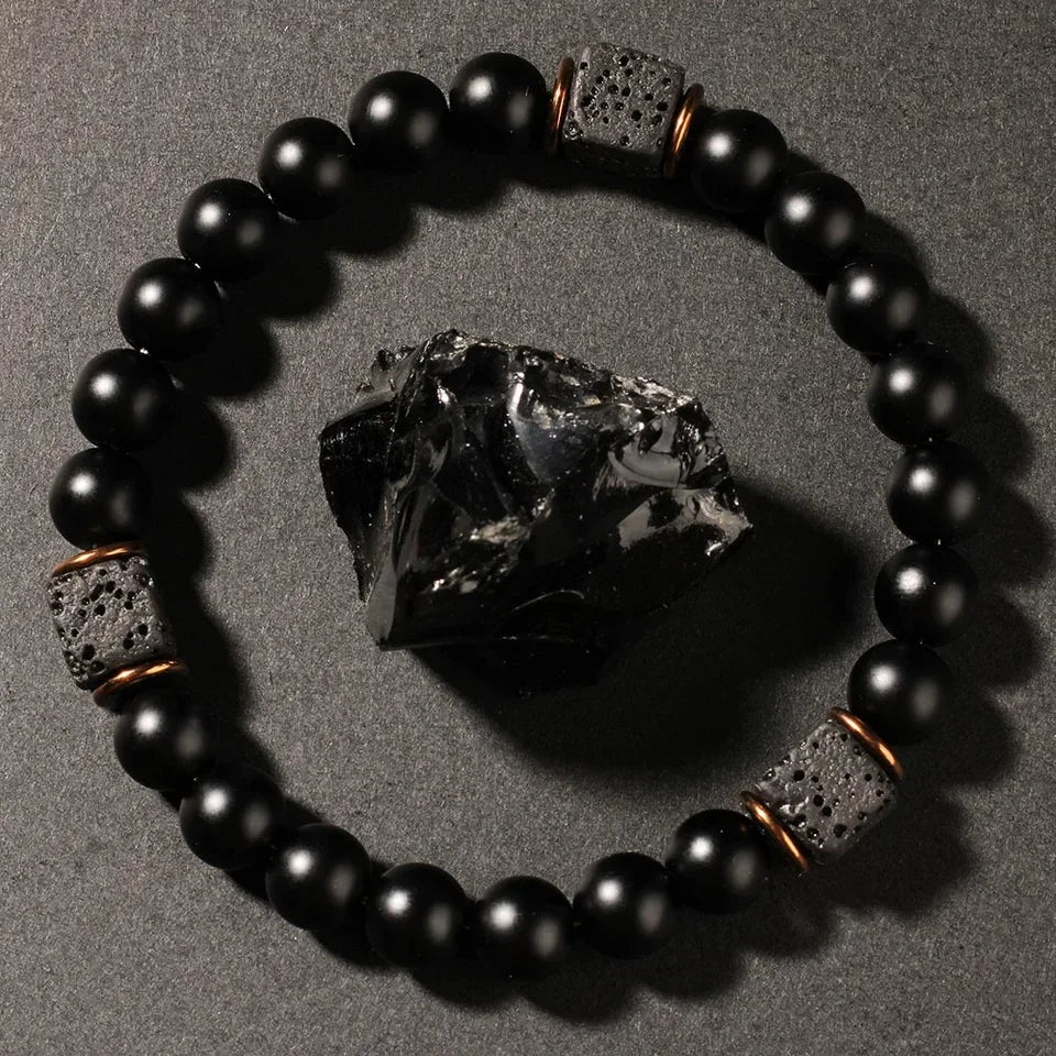 ✨ Creative Square Volcanic Stone and Round Men's Bracelet – Elegant Autumn Black Jewelry – Perfect Brother’s Christmas Gift & Daily Pulsera Hombre