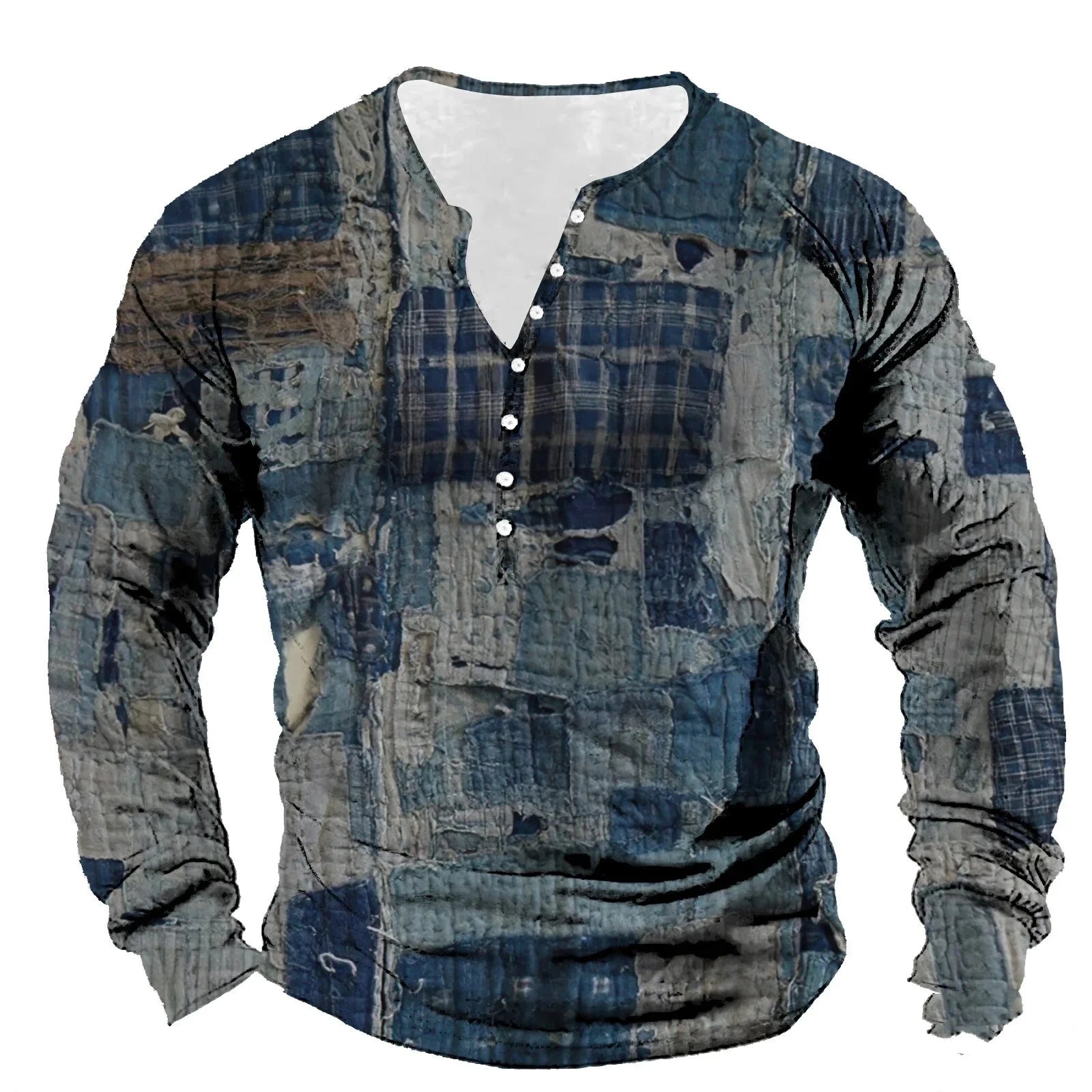 🛠️ The Denim-Patch Masterpiece: Premium Men’s 3D Printed Vintage T-Shirt – High-Definition Plaid & Denim Patchwork Graphic, Long-Sleeve Oversized Fit with Button Accents, and Sophisticated Urban-Grunge Streetwear Tee ACLLTHA240911B