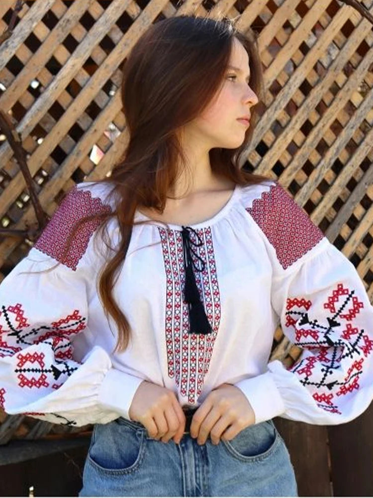 👗 Retro Print Blusas Mujer Indie Folk Woman 2025﻿ – Shirts & Blouses with O-neck, Tassel Lace-Up Detail, Loose Casual Fit, New Tops