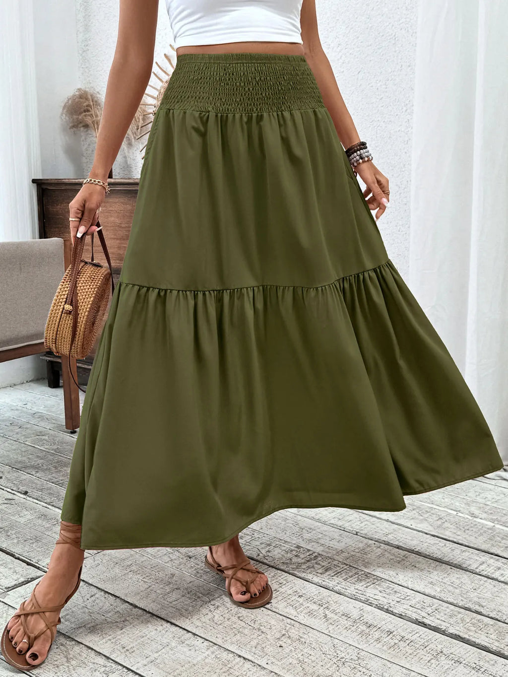 🌟 Women New Classic Printed Skirt Retro High Waist Long Skirt Casual Stylish Loose Beach Skirt Elegant Ladies Floral Pleated Skirt﻿
