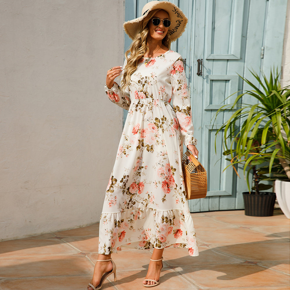 👗 Women’s Bohemian Maxi Dress – Spring Autumn Casual Chiffon Dress with Full Sleeves, High Waist, and Floral Print