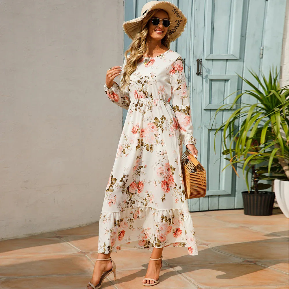 Women’s Bohemian Maxi Dress - Casual Chiffon Dress with Full Sleeves, High Waist, and Floral Print for Spring and Autumn