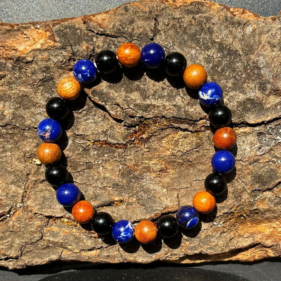✨ Wisdom and Life Bracelet – Handmade Lapis Lazuli and Wood Beads – Homeopathic Healing Jewelry for Men and Women