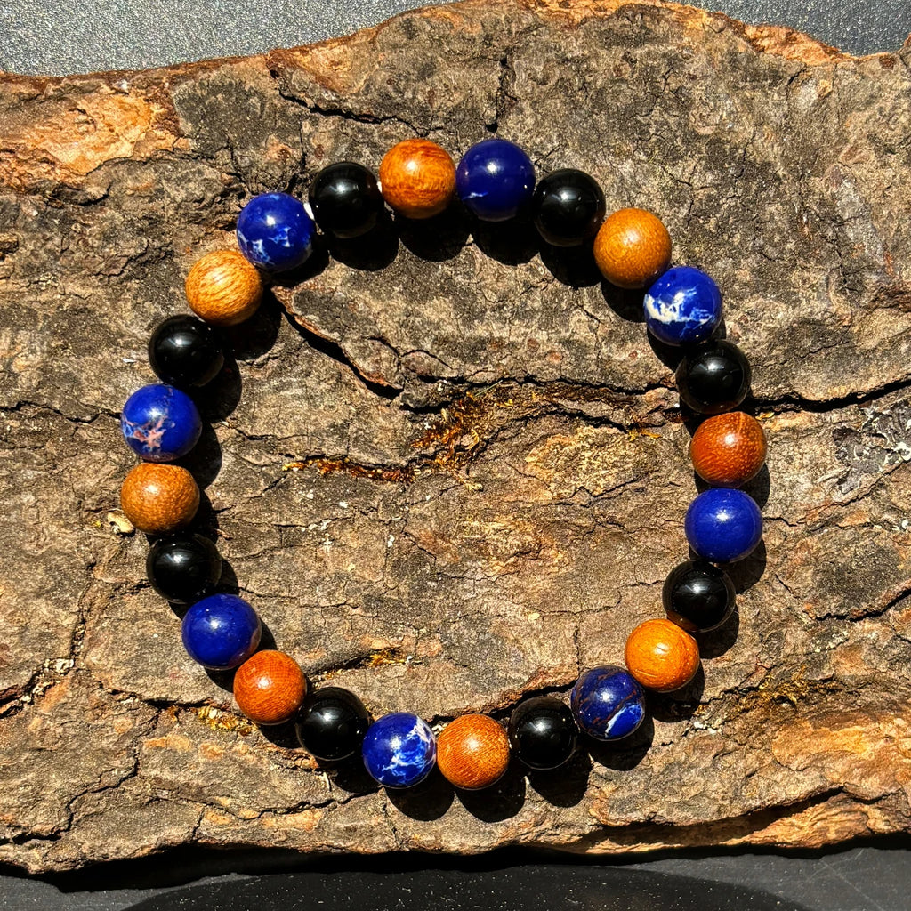 ✨ Wisdom and Life Bracelet – Handmade Lapis Lazuli and Wood Beads – Homeopathic Healing Jewelry for Men and Women