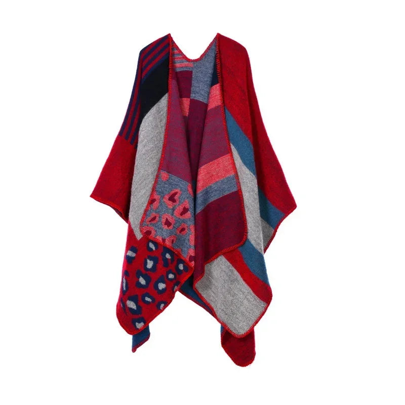 Winter Fashion Poncho Women Capes Scarf Imitation Cashmere Ladies Scarves Warm Shawls Wraps Woman Ponchos Bufanda Mujer Foulard One Size 2Leopard-red