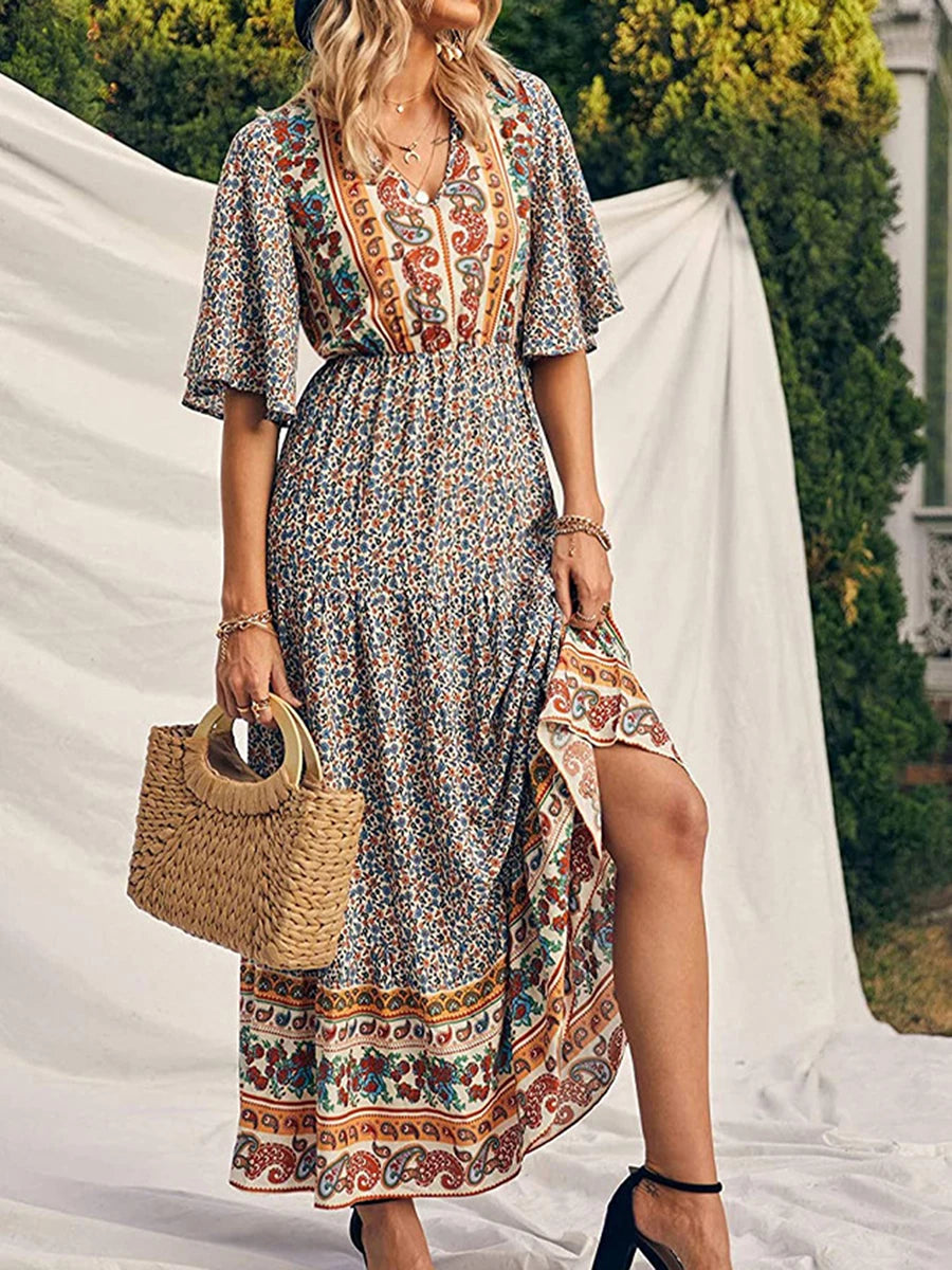 Boho Summer Dress for Women - Fashionable Short Sleeve V Neck Dress in Boho Print for Beach Outings Yellow