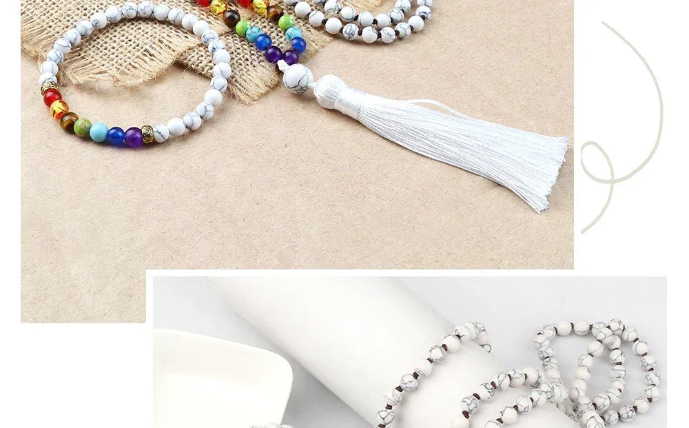 🤍 6mm White Howlite & 7 Chakra Hand-Knotted Mala Set (Necklace + Bracelet): Calming Sleep Aid & Anxiety Relief Yoga Jewelry – Meditation Japamala Rosary