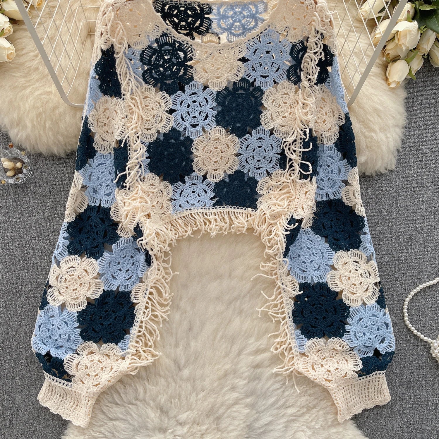 👚 SINGREINY Tassels Knit Hollow Out Top – Hook Flower Design, Long Sleeves, Women’s Streetwear, Chic Bohemian Y2K Vintage Loose Blouse