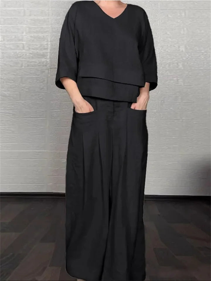 🌿 The Ethereal Asymmetry Set: Premium Women’s 2-Piece Cotton-Linen Ensemble – Avant-Garde Asymmetric Tunic, Three-Quarter Sleeve Comfort, High-Waist Wide-Leg Trousers, and Sophisticated Breathable Summer Lounge Set (S-3XL)