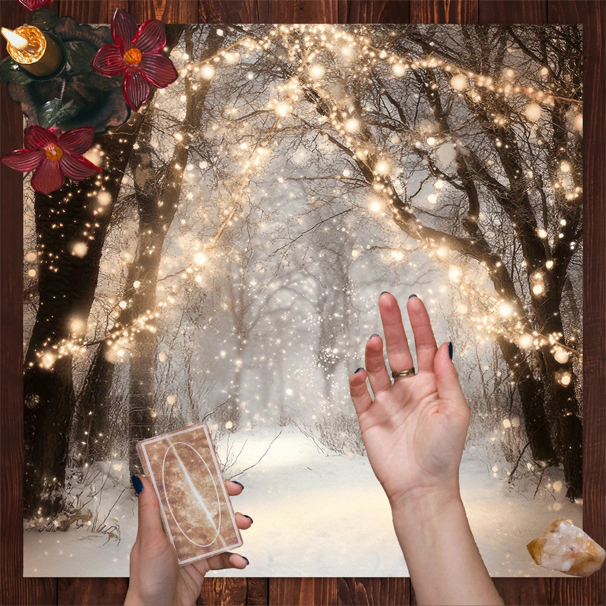 🃏 Dreamy Snowy Forest Tarot Tablecloth – Fairy Lights Altar Cloth with Crystal Snowflakes for Mystical Tarot Readings & Winter Spiritual Decor