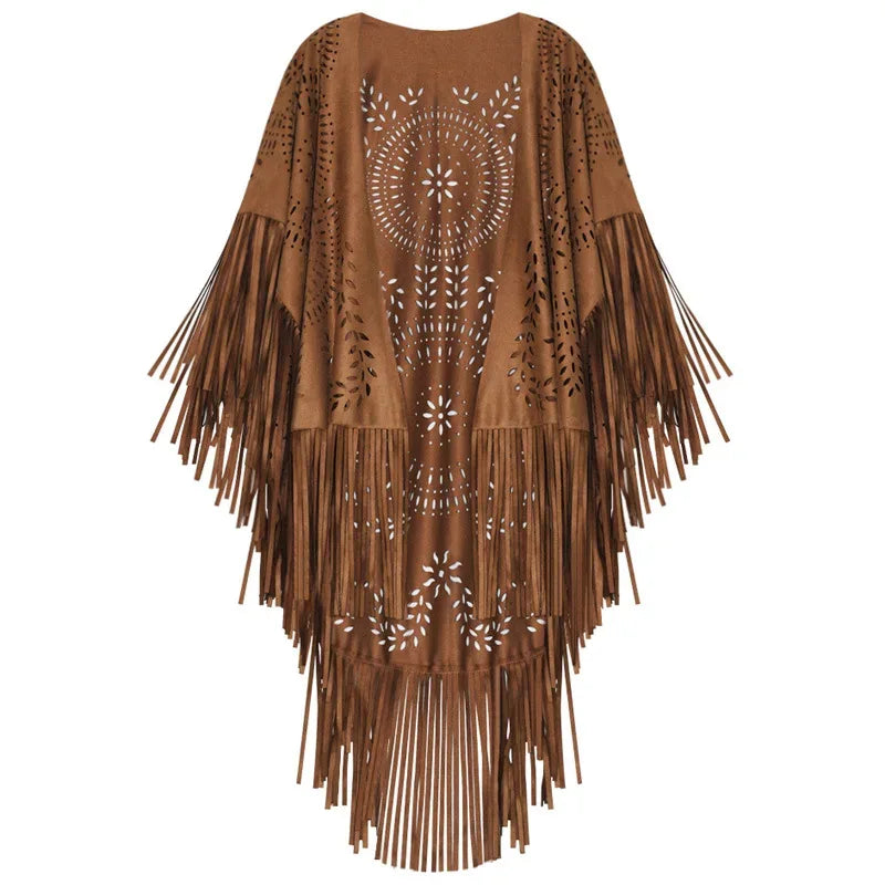 Camel Suede Fringe Shawl - Vintage Bohemian Floral Hollow Out Poncho Cape for Autumn One Size 8