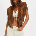 Women’s Tassel Vest - Y2K Boho Fringe Sleeveless Jacket with Suede Collar and Open Front One Size Brown