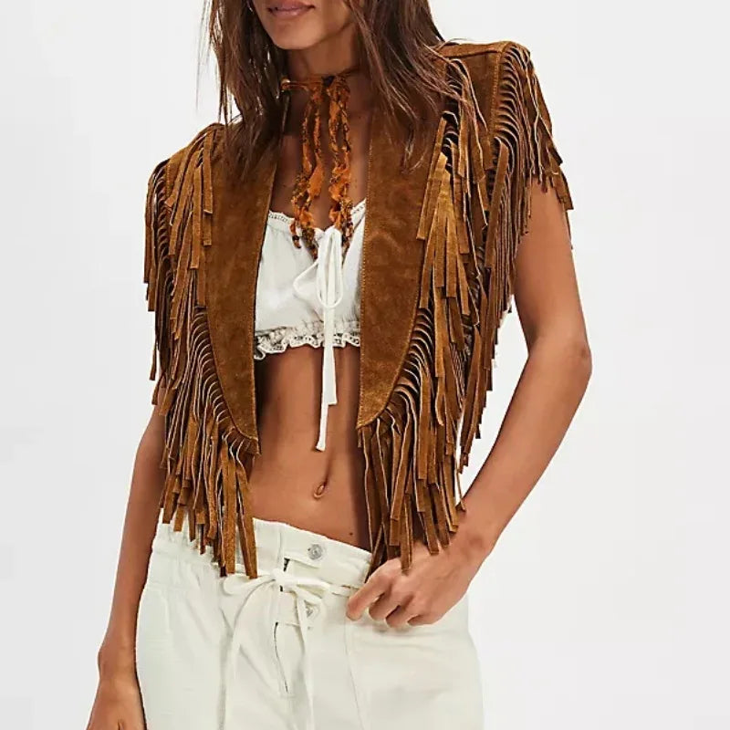 Women’s Tassel Vest - Y2K Boho Fringe Sleeveless Jacket with Suede Collar and Open Front One Size Brown