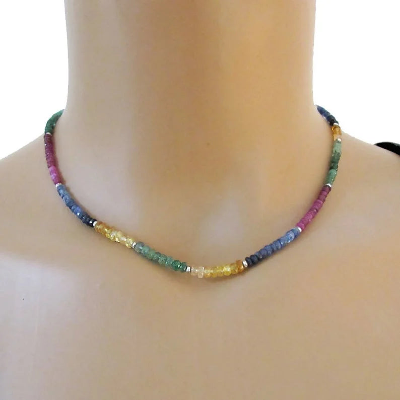 ✨ Yellow & Blue Sapphire Gemstone Beaded Necklace – Elegant Natural Birthstone Jewelry for Celebration and Balance