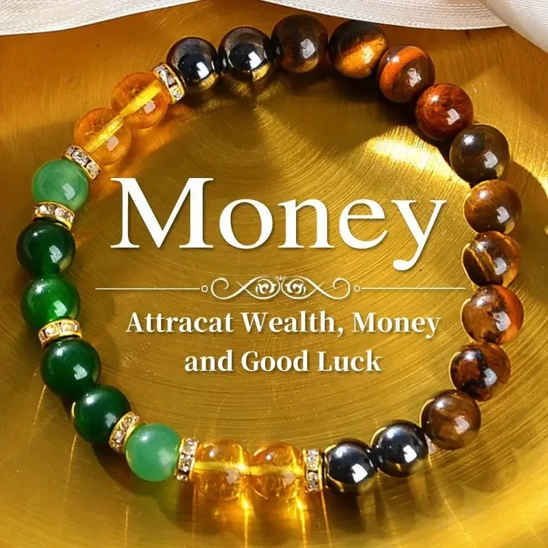 ✨ Lucky Money Attracting Natural Stone Bracelet – Tiger’s Eye, Green Donglin, and Yellow Crystal String Bracelet for Men & Women – Stress-Relief & Prosperity 8mm