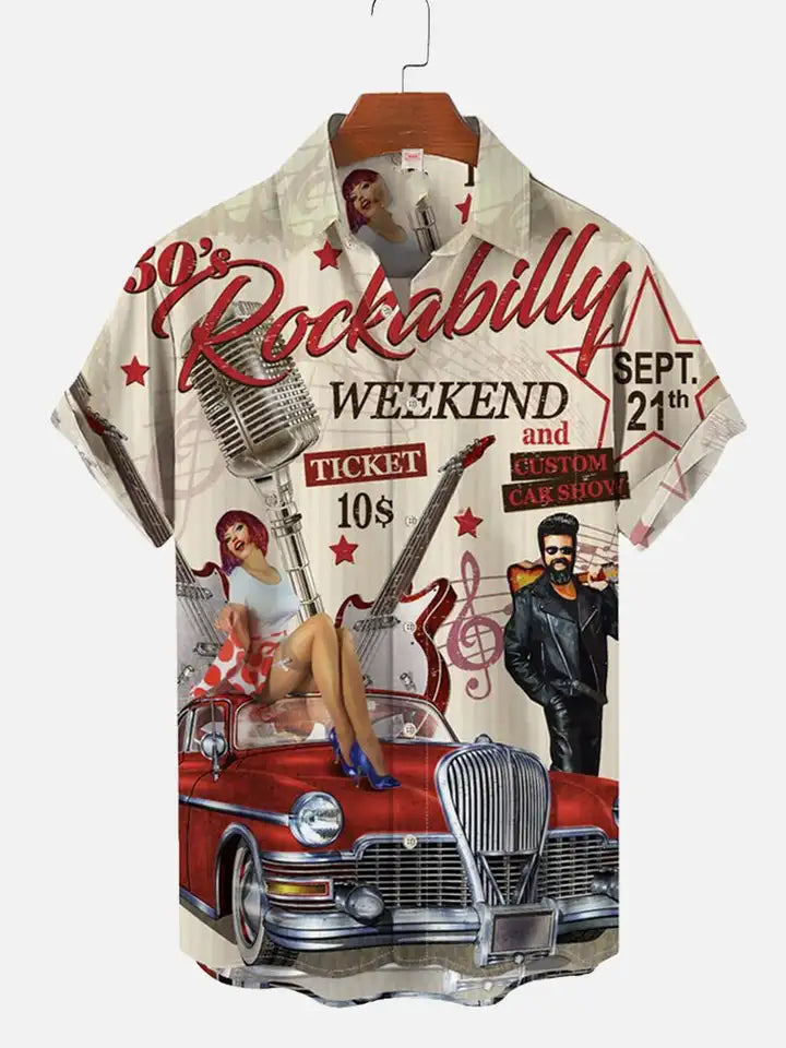 🎸 The Golden Era Edition: Premium Men’s 1970s-1980s Retro Pin-Up Hawaiian Shirt – High-Definition Vintage Poster Graphic, Classic Muscle Car & Cowgirl Aesthetic, Breathable Harajuku Streetwear, and Sophisticated Urban-Holiday Short-Sleeve (S-5XL)