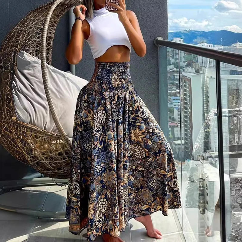 🛍️ Boho Beach Skirt – Vintage Printed Long A-Line Skirt with Elastic High Waist, Big Hem for Women’s Vacation and Spring-Summer Fashion DEEP BLUE