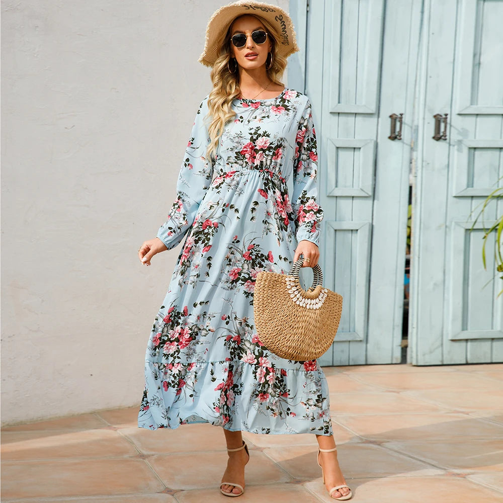 👗 Women’s Bohemian Maxi Dress – Spring Autumn Casual Chiffon Dress with Full Sleeves, High Waist, and Floral Print