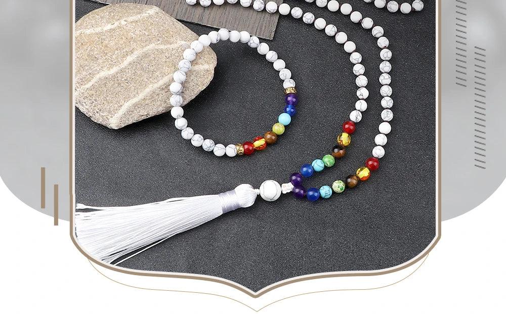 🤍 6mm White Howlite & 7 Chakra Hand-Knotted Mala Set (Necklace + Bracelet): Calming Sleep Aid & Anxiety Relief Yoga Jewelry – Meditation Japamala Rosary