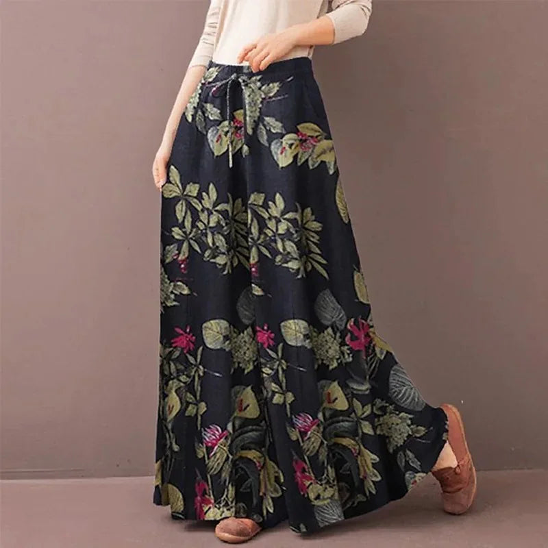 👖 Women’s Floral Print Wide Leg Pants – Spring Autumn Bohemian Drawstring Casual Trousers