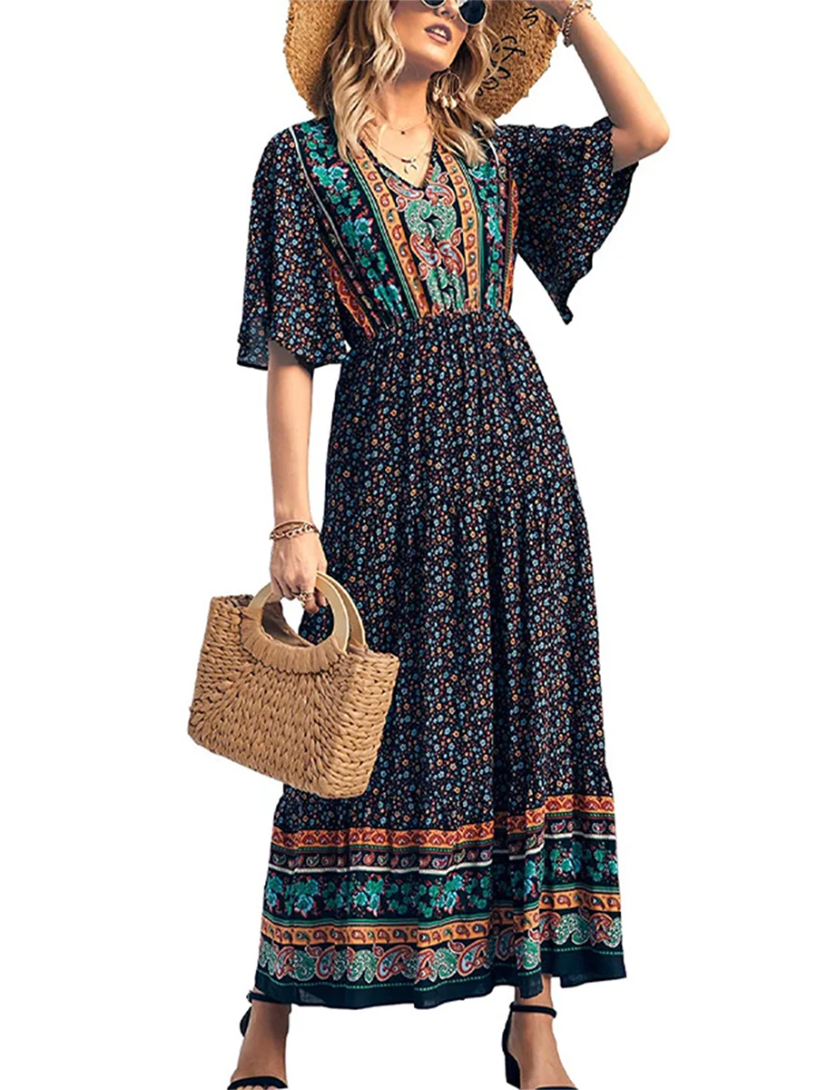 Boho Summer Dress for Women - Fashionable Short Sleeve V Neck Dress in Boho Print for Beach Outings