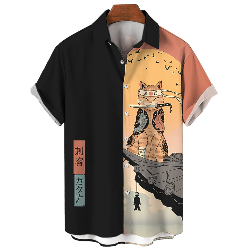 🐱⚔️The Samurai Neko Edition Premium Unisex 3D Printed Japanese Samurai Cat Shirt - High-Definition Bushido Feline Graphic Quick-Dry Hawaiian Beach Shirt, Breathable Urban-Streetwear Short-Sleeve Casual Apparel