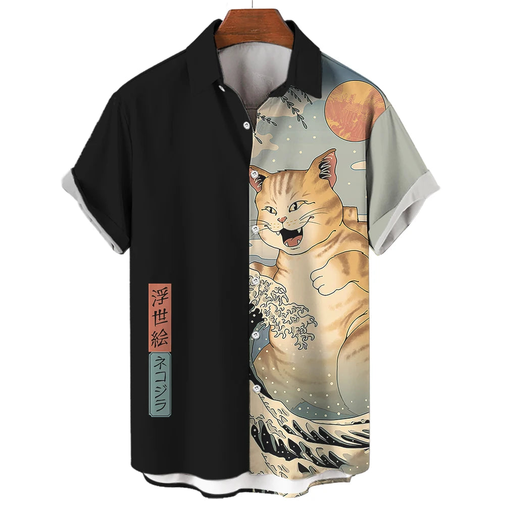 🐱⚔️The Samurai Neko Edition Premium Unisex 3D Printed Japanese Samurai Cat Shirt - High-Definition Bushido Feline Graphic Quick-Dry Hawaiian Beach Shirt, Breathable Urban-Streetwear Short-Sleeve Casual Apparel
