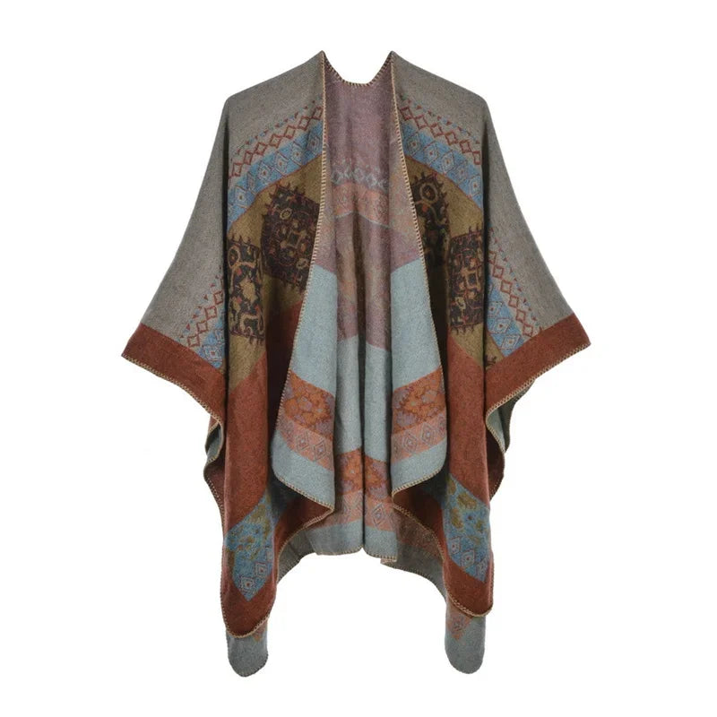 Winter Fashion Poncho Women Capes Scarf Imitation Cashmere Ladies Scarves Warm Shawls Wraps Woman Ponchos Bufanda Mujer Foulard One Size 1rhombic-gray orange