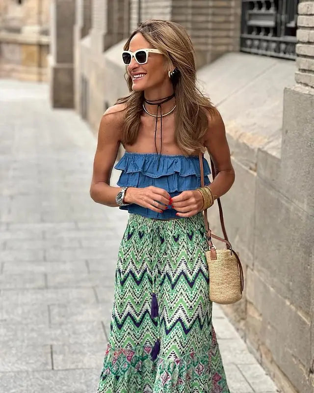 🌟 Bohemian Style Printed A-line Skirt Women Fashion Beach Vacation Loose Drawstring Ruffles Skirts Female Summer New Streetwear﻿