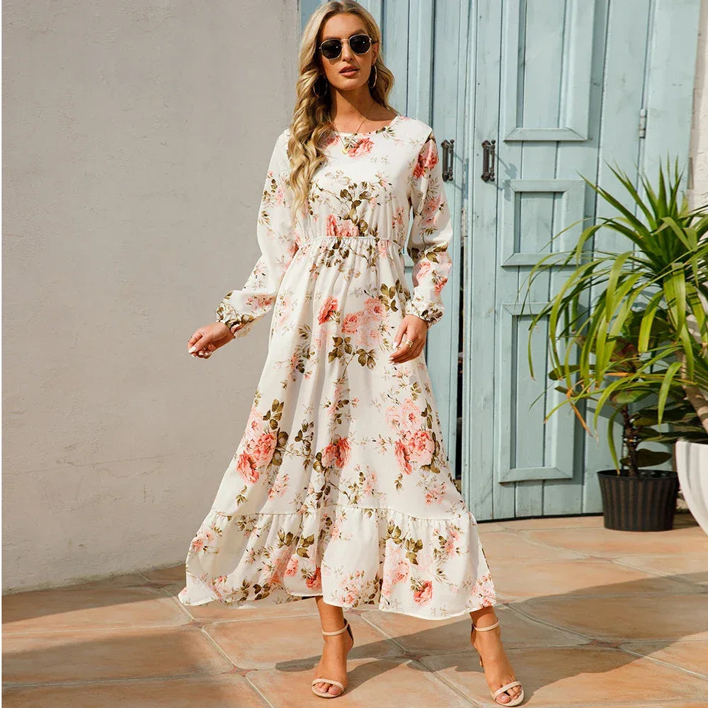 Women’s Bohemian Maxi Dress - Casual Chiffon Dress with Full Sleeves, High Waist, and Floral Print for Spring and Autumn