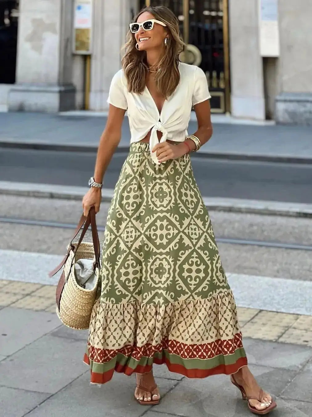 🌟 Women's Large Swing Skirt European And American Foreign Trade Printed Loose Splicing Half Skirt Light Green