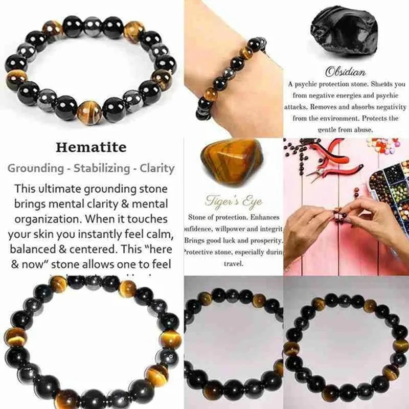 ✨ Tiger Eye Natural Stone Bead Bracelet for Men & Women – Magnetic Hematite & Black Obsidian with Reiki Energy