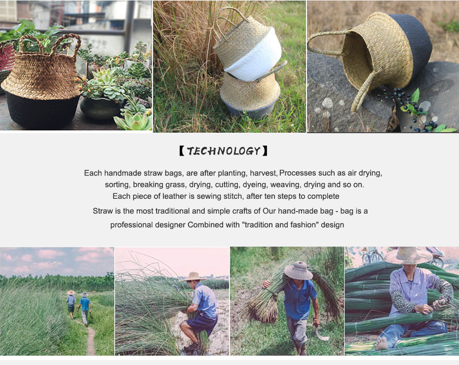 Handmade Boho Striped Wicker Storage Baskets – Collapsible Laundry & Garden Flower Pot Baskets with Patchwork Design