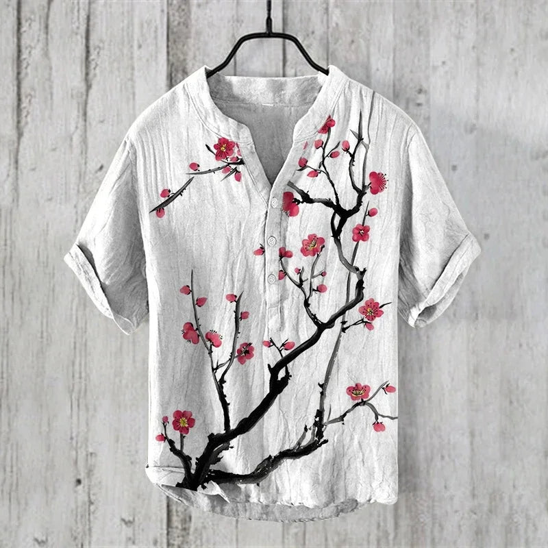 ⛩️ The Zen Crane Heritage: Premium Men’s 100% Pure Organic Linen Shirt – High-Definition Oriental Landscape Art Print, Sophisticated V-Neck Cut, and Plus Size (Up to 6XL) Luxury Casual Button-Down ARL548