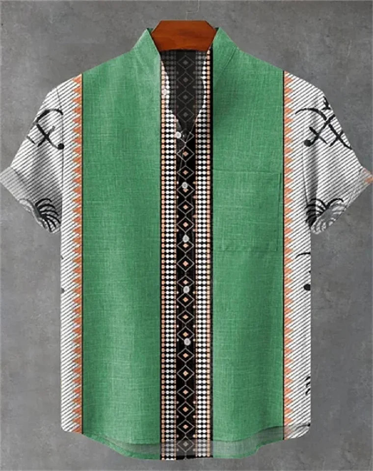 🌍 The Ethnic Heritage Edition: Premium Men’s Retro Linen Shirt – High-Definition Tribal Graphic Print, Breathable Organic Cotton-Linen Blend, and Sophisticated Modern-Fit Holiday Streetwear