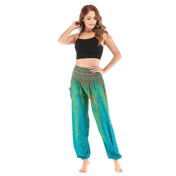 🧘‍♀️ Women’s Yoga Boho Pants – Floral Print Harem Leggings with Pocket, High Waist, Elastic Waistband, and Ankle Straps