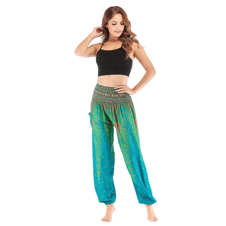 Women's Boho Yoga Pants - High Waist Floral Print Harem Leggings with Pockets for Comfort and Style