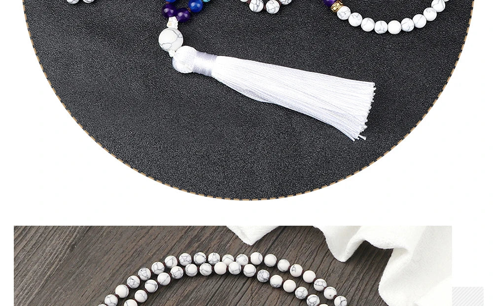 📿 108 Bead Howlite Japamala & 7 Chakra Bracelet Set: 6mm Hand-Knotted Mala Necklace – Calming Stone for Yoga Meditation & Anxiety Relief