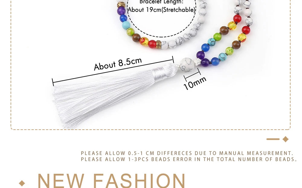 📿 108 Bead Howlite Japamala & 7 Chakra Bracelet Set: 6mm Hand-Knotted Mala Necklace – Calming Stone for Yoga Meditation & Anxiety Relief