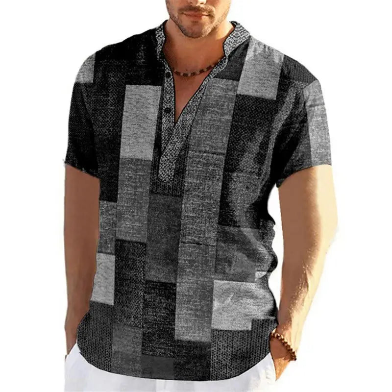 🎨 The Neo-Vintage 3D Patchwork Henley: Premium Men's Color-Block Fashion Tee – High-Definition Digital Print, Breathable Short-Sleeve 3-Button Henley, and Sophisticated Slim-Relaxed Fit
