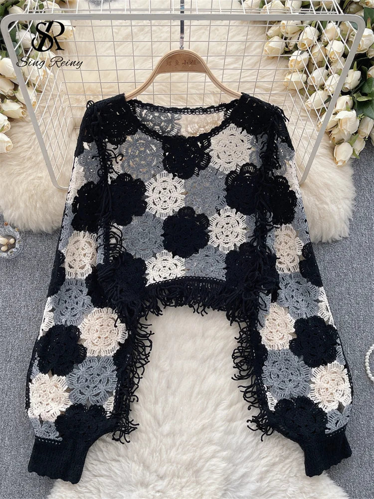 SINGREINY Bohemian Hollow Out Top - Tassels Knit Long Sleeve Blouse with Hook Flower Design for Vintage Y2K Chic Streetwear One Size black