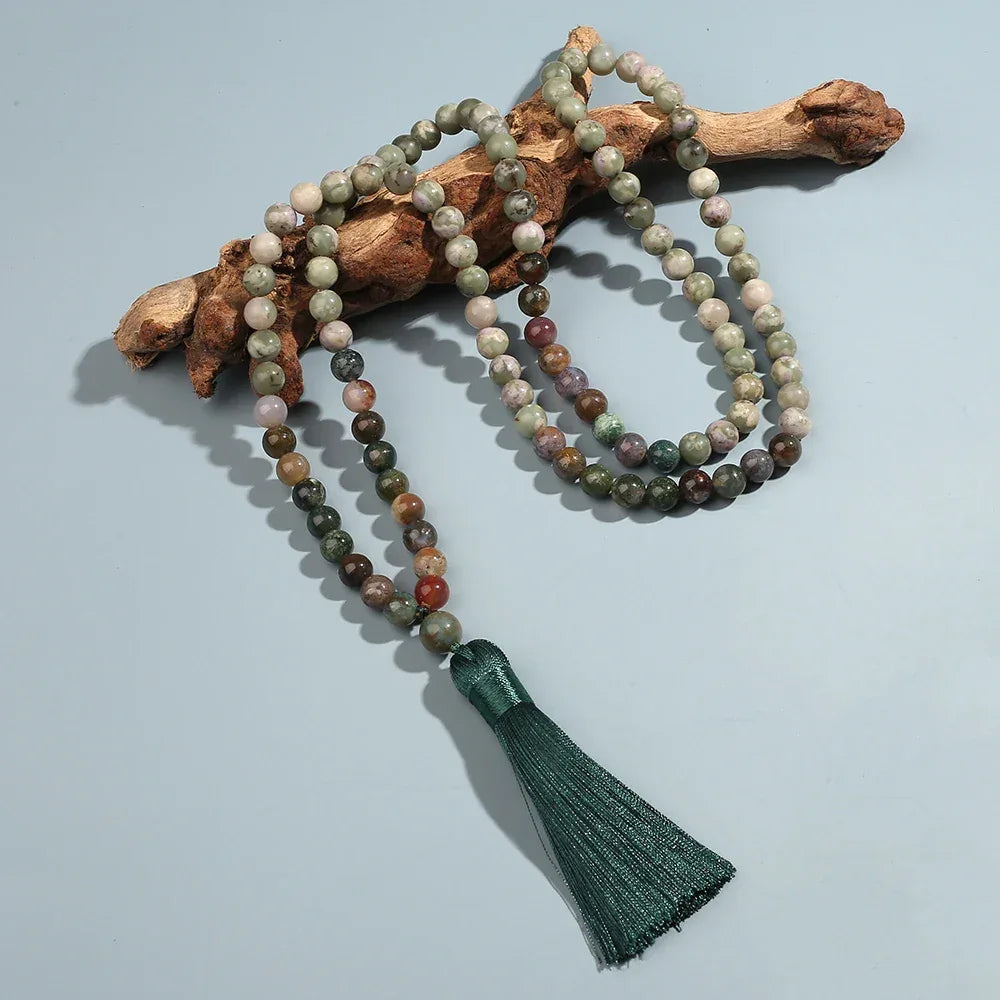 🌿 Sacred Indian Onyx 108 Mala Beads (8mm): The Stone of Strength & Memory – Healing Meditation Necklace, Yoga Prayer Rosary & Japamala Set Necklace