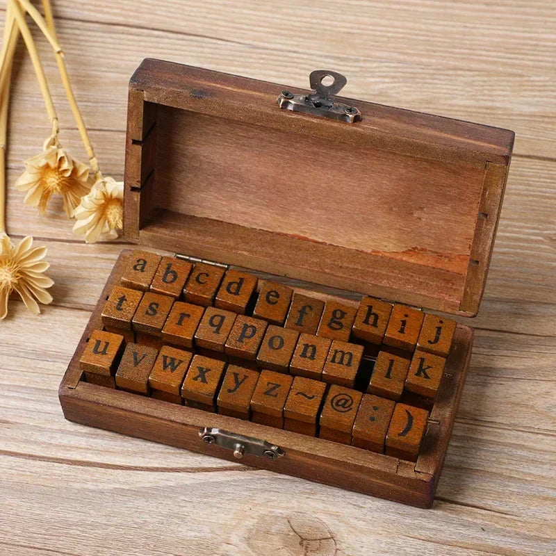 🔤 Wooden Alphabet Letter Stamps Set – Vintage Uppercase & Lowercase Rubber Stamps with DIY Self Ink Pad | Perfect for Diary, Album, Handmade Art & Craft 30pcs Lowercase