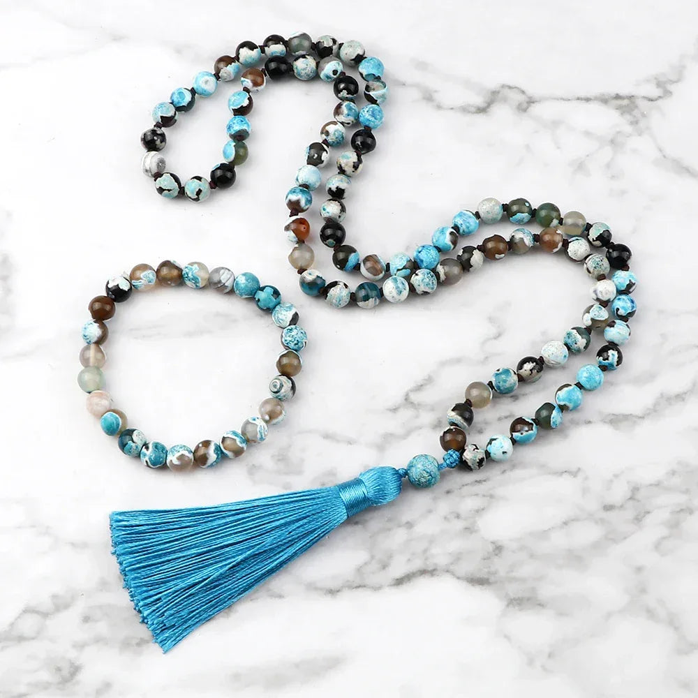 🐯 Natural Tiger Eye Stone Jewelry Set (Necklace & Bracelet): Healing Tassel Pendant & Sweater Chain – Confidence, Wealth & Protection Crystal for Women Blue Fire