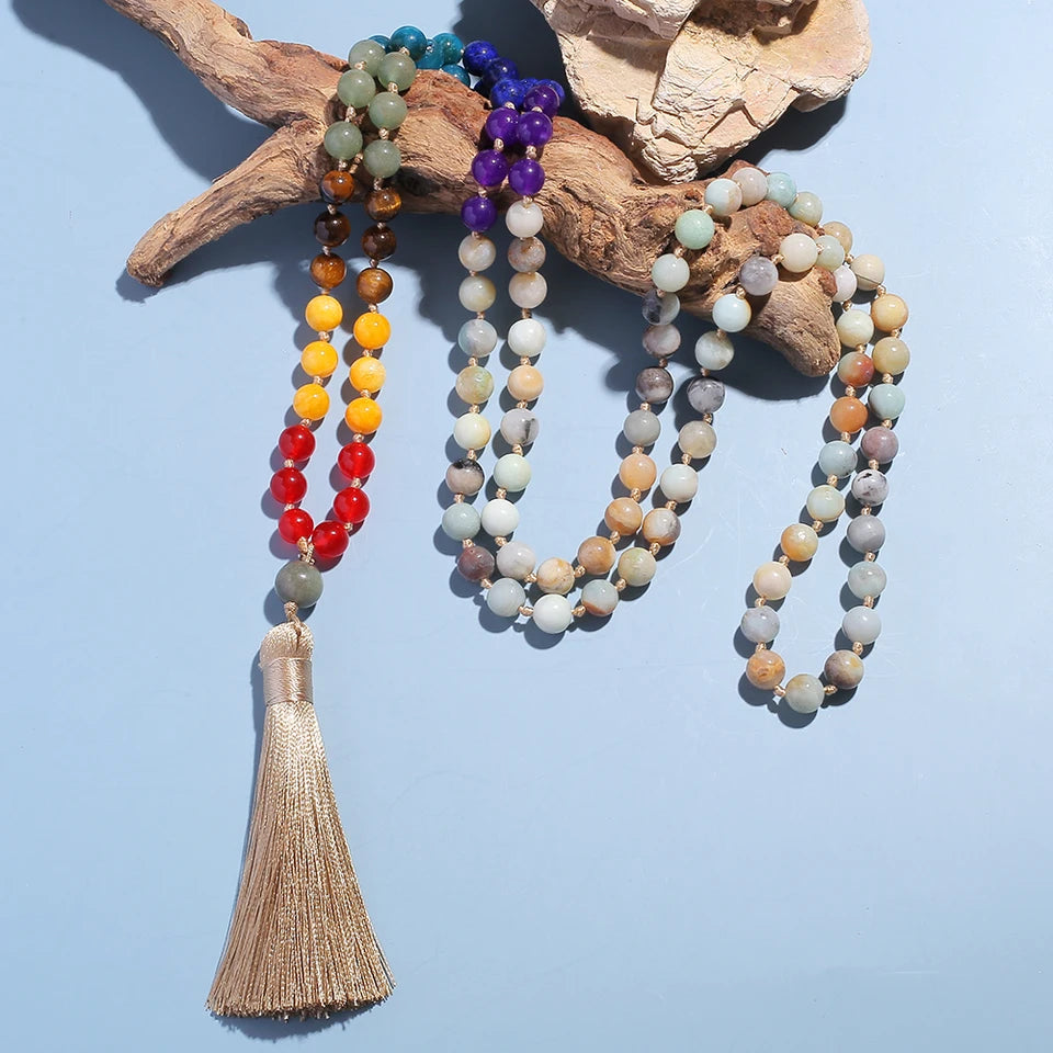 🌊 108 Bead Amazonite Mala Necklace: 8mm Knotted Prayer Beads with 7 Chakra Stones – "Stone of Hope" for Calming, Throat Chakra & Meditation