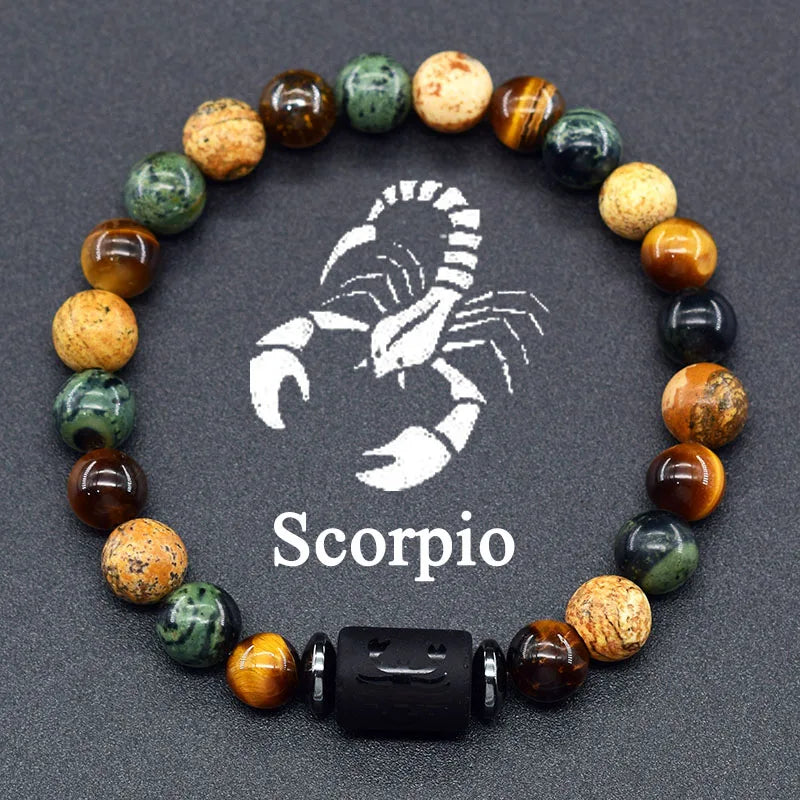 ✨ 12 Zodiac Constellation Signs Bracelet – Tiger Eye & Sparrow Picture Stone Beads – Virgo Charm Couple Jewelry for Men & Women 9 Scorpio 8 mm Beads