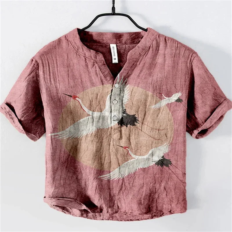 🖌️ The Zen Ink Artisan: Premium 2026 Men’s 3D Japanese Landscape Shirt – High-Definition Bamboo, Bird & Koi Ink-Wash Print, Breathable Wrinkle-Resistant Hybrid, and Sophisticated Henry V-Neck Casual Button-Down HTY902